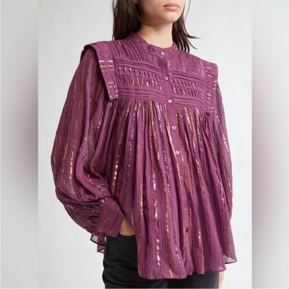 FARM Rio Long Sleeve Pleated Yoke Burgundy Button Down Blouse Size XXS NWT